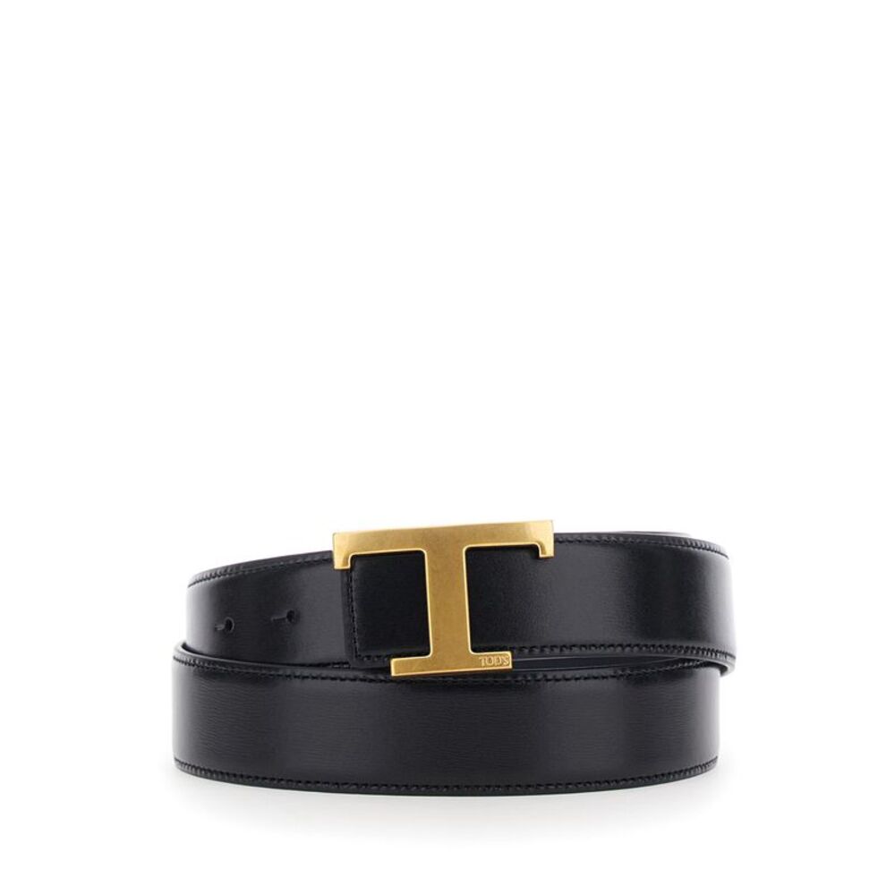 Tod's Men Black Belt With T Buckle In Smooth Leather For Men